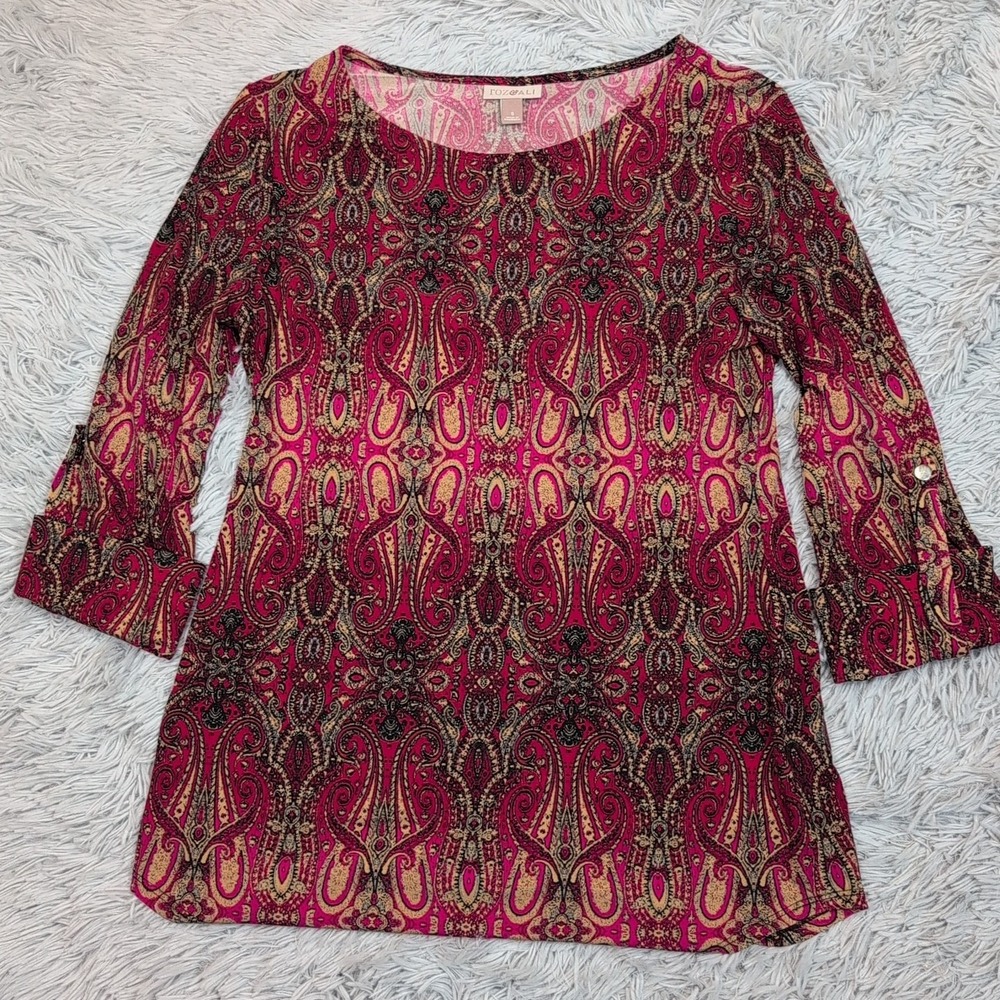 Roz & Ali Shirt Womens S Red Blouse Paisley Top Comfort Casual Lightweight